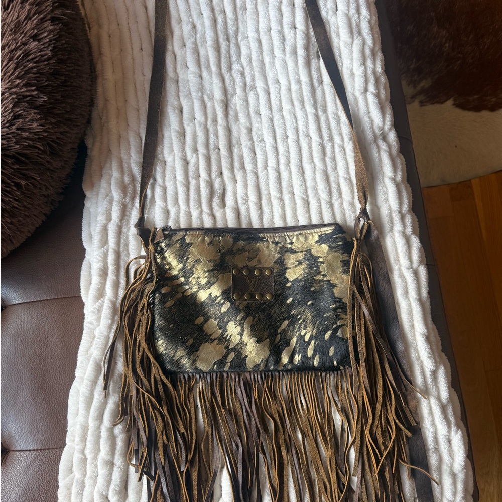 Fringed Black and Gold Crossbody Bag
